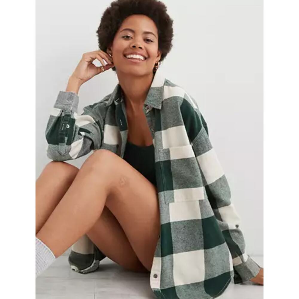 Aerie Anytime Fave Flannel Shirt NWT L plaid green